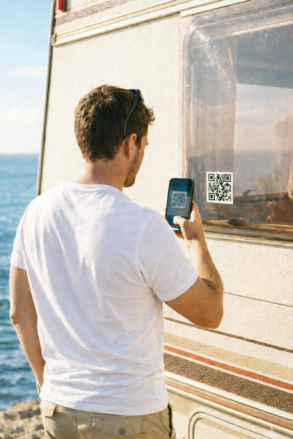 Customer scanning QR code on camper